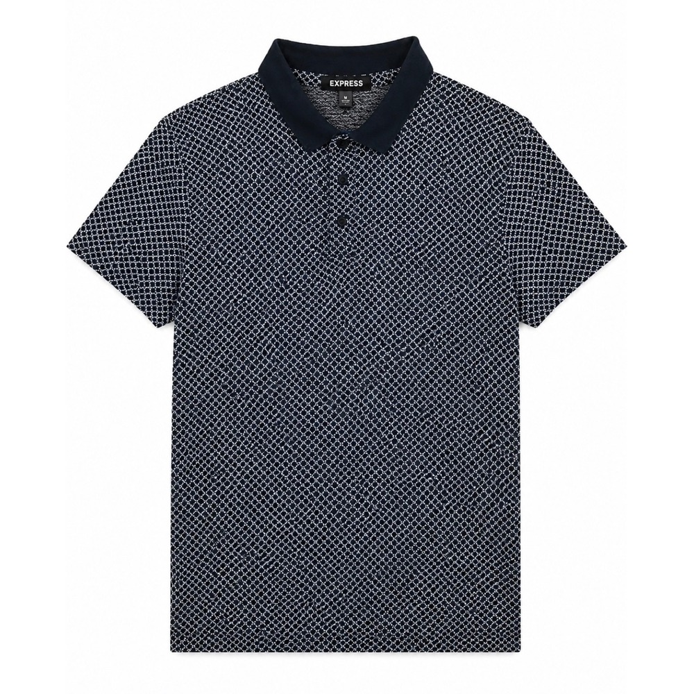 Express Men's Medium 100% Cotton Geometric Print Polo Shirt Navy Blue